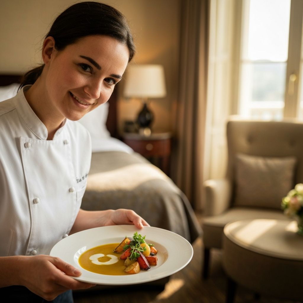 A beautifully plated postpartum recovery meal with warm soup and vegetables