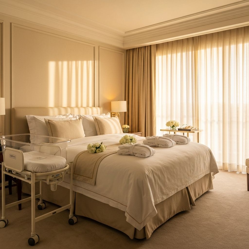 A peaceful nursery setup in a luxury hotel suite with bassinet